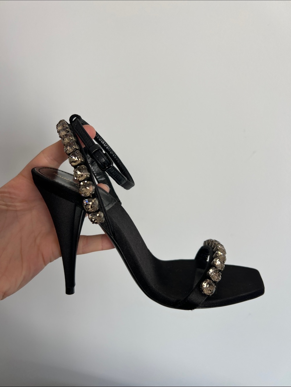 Saint Laurent Paris black and crystal embellished open toe sandals strappy heels - Picture 9 of 12